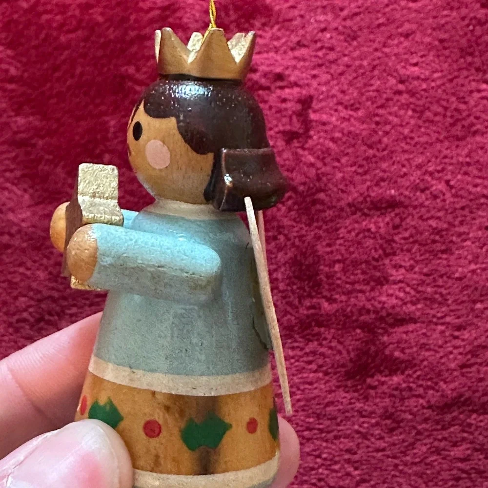 Vintage Wooden Angel Christmas Ornament Blue‎ Gold Star Crown Painted Folk Art